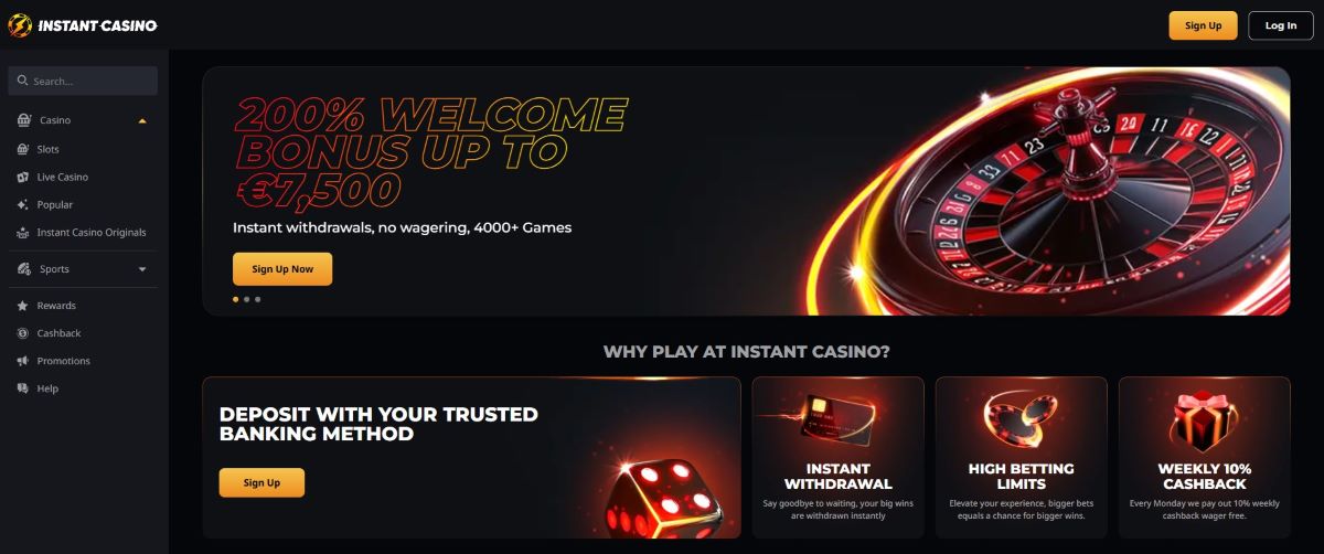 Instant Casino homepage: casino zonder cruks